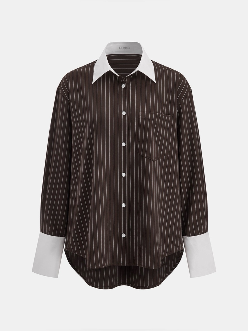 COMMENSE Women’s Brown Pinstripe Shirt with Contrast White Collar & Cuffs